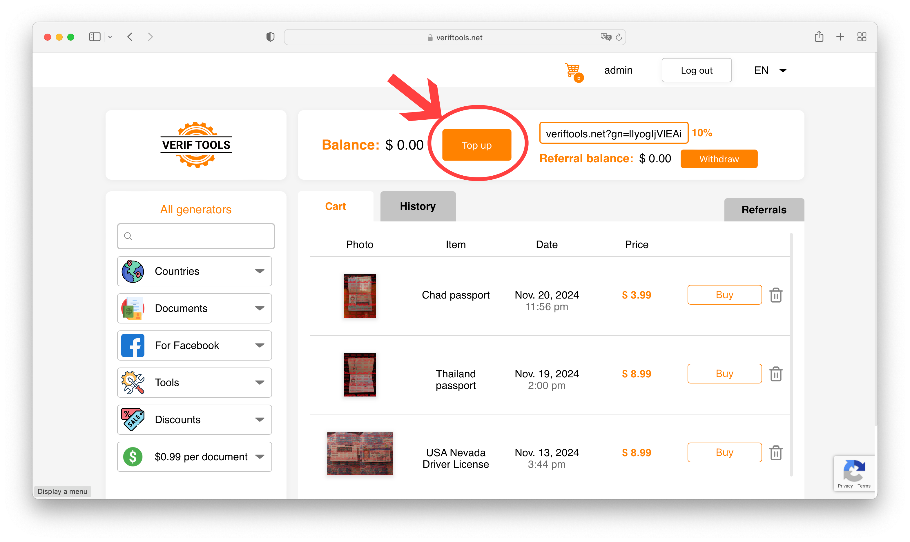 Top up button in the cart Top up button in the cart