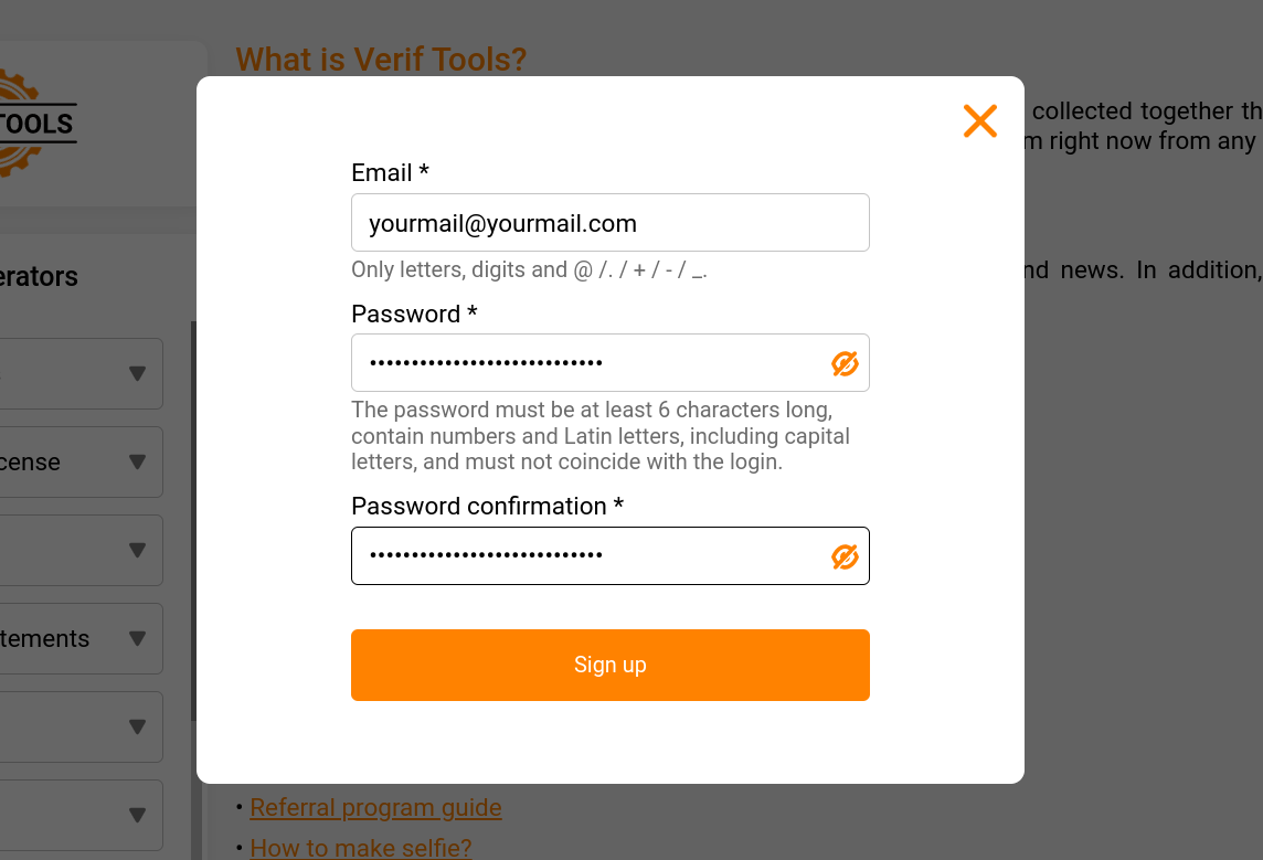 Registration modal on Verif Tools Registration modal on Verif Tools