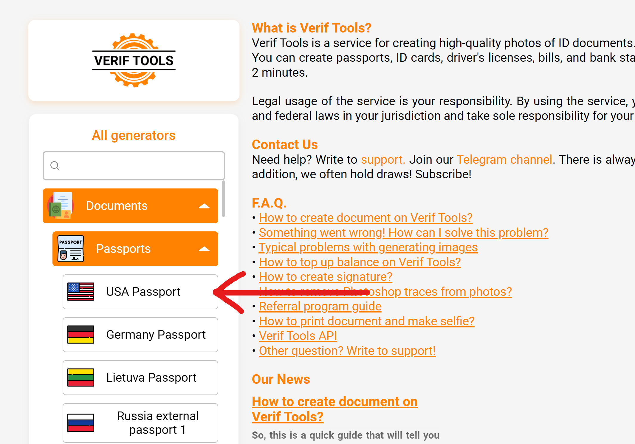 Selecting USA Passport in the left menu Selecting USA Passport in the left menu