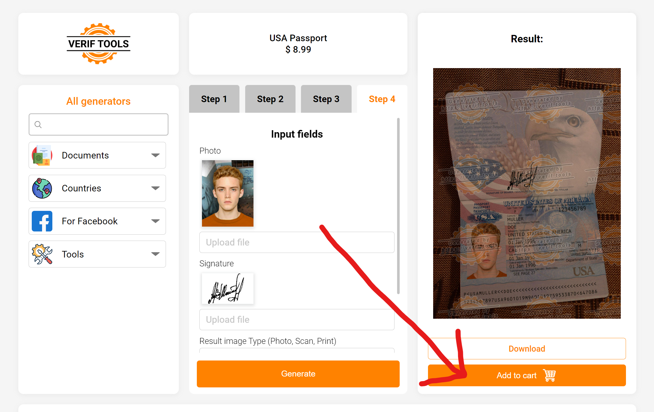 Generated document preview and Add to cart button Generated document preview and Add to cart button